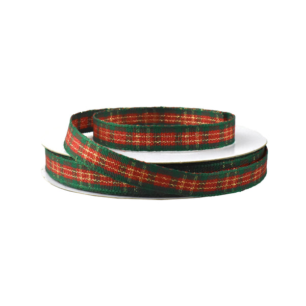 Narrow Metallic Striped Plaid Ribbon, 3/8-Inch, 25-Yard