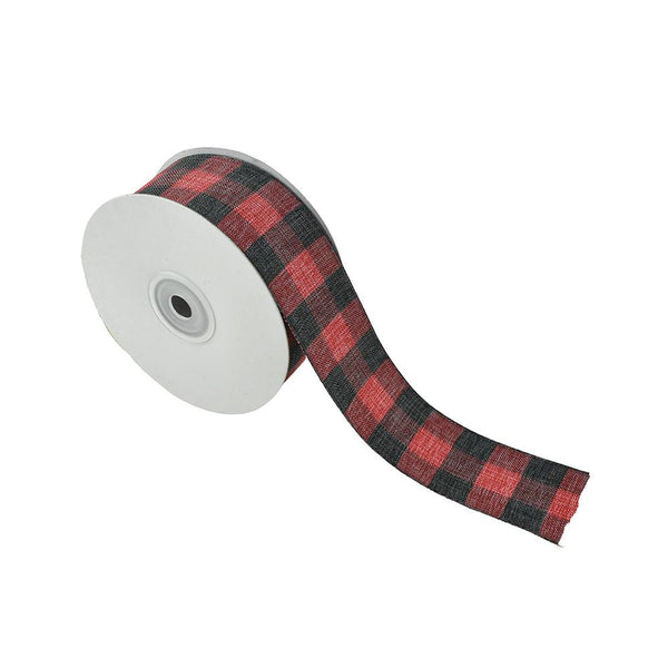 Checkered Black and Red Faux Linen Ribbon, 1-1/2-Inch, 10-Yard