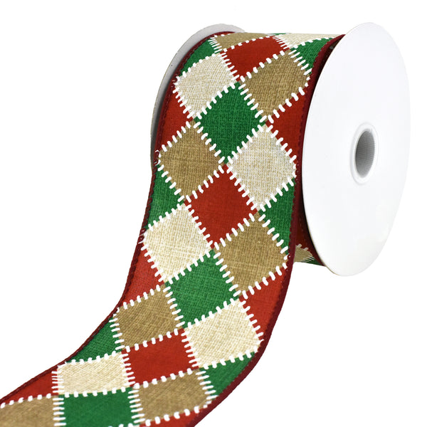 Christmas Stitched Checkers Wired Ribbon, 2-1/2-Inch, 10-Yard