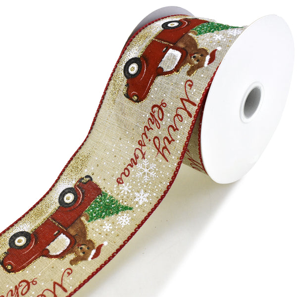 Merry Christmas Truck and Dog Wired Ribbon, 2-1/2-Inch, 10-Yard