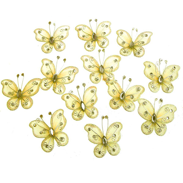 Organza Nylon Glitter Butterflies, 1-inch, 12-Piece, Yellow