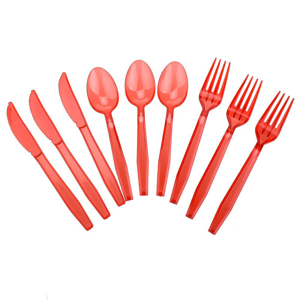 Transparent Plastic Cutlery, Assorted Sizes, 24-Piece, Red