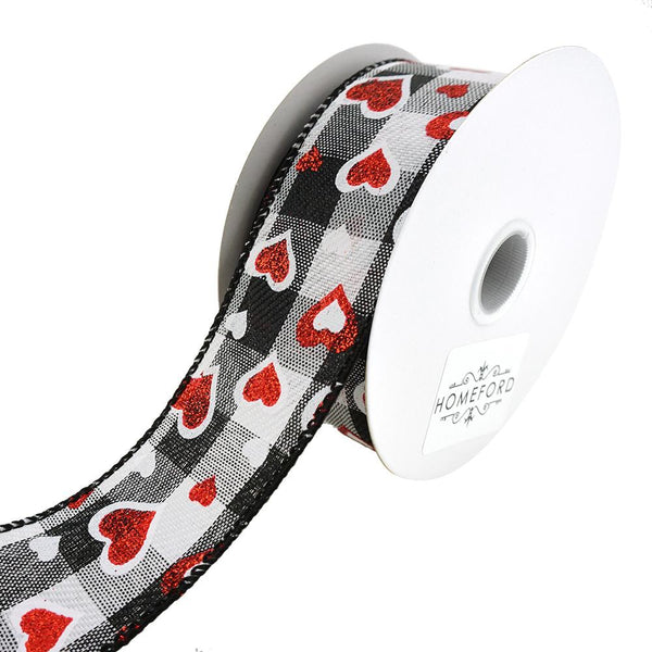 Buffalo Plaid and Hearts Wired Ribbon, 1-1/2-Inch, 10-Yard