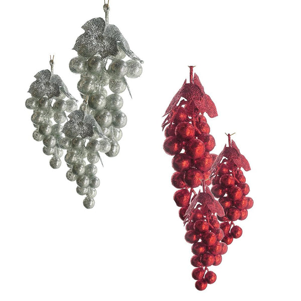 PVC Glittered Grape Cluster Ornaments, Red/Silver, Assorted Sizes, 6-Piece