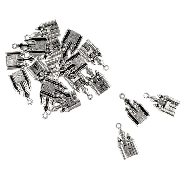 Antique Style Metal Castle Charms, Silver, 1-Inch, 18-Count