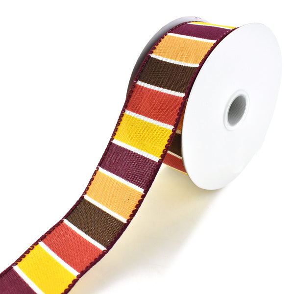 Frida Stripes Wired Ribbon, Yellow/Cranberry/Chocolate, 1-1/2-Inch, 10-Yard