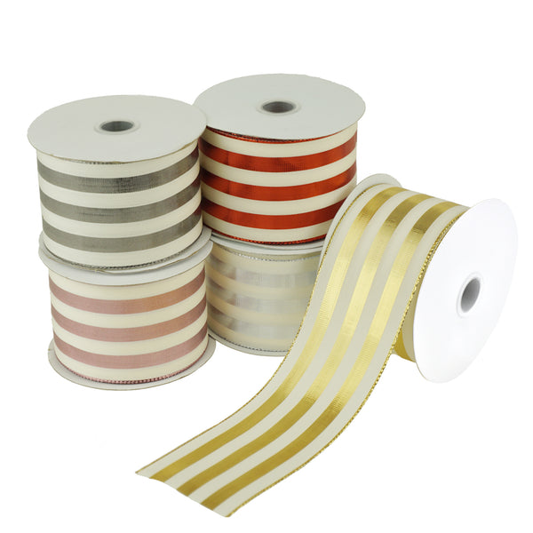 Metallic and Ivory Striped Ribbon, 2-1/2-Inch, 10-Yard