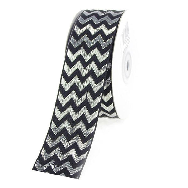 Chevron Ribbon Metallic Shine, 1-1/2-Inch, 25 Yards, Black/Silver