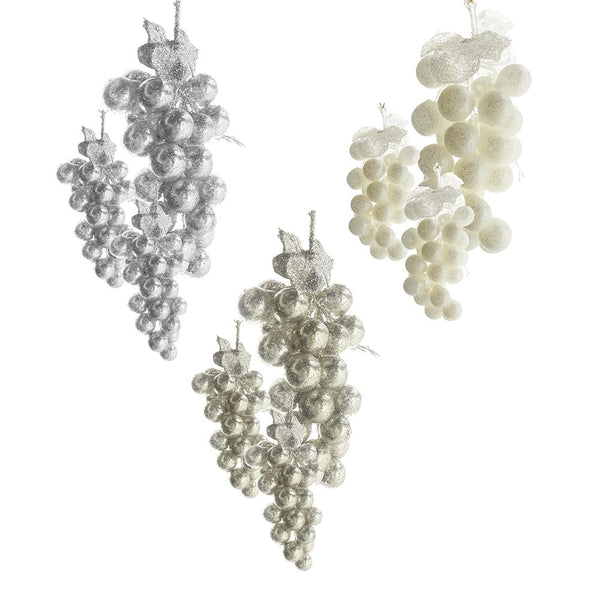 PVC Glittered Grape Cluster Ornaments, Ivory/Champagne,  Assorted Sizes, 9-Piece