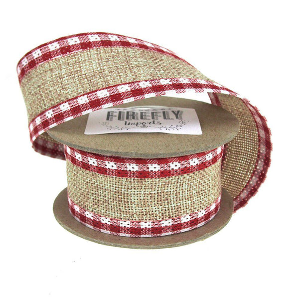 Picnic Burlap Holiday Christmas Ribbon Wired Edge, 1-1/2-Inch, 5 Yards, Brown/Red