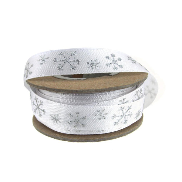 Glitter Snow Crystals Holiday Christmas Satin Ribbon, 5/8-Inch, 9 Yards, Silver