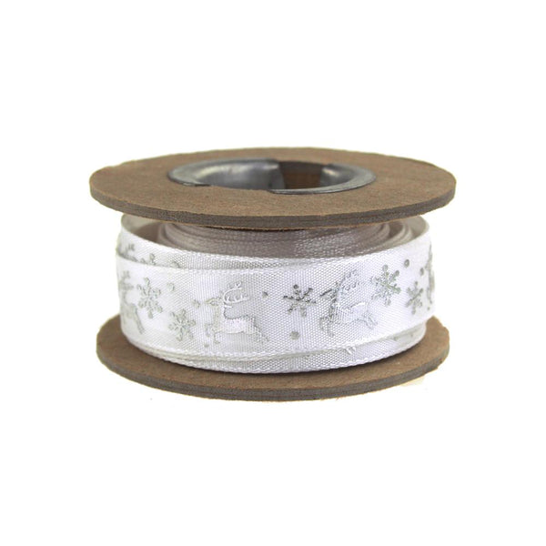 Glitter Reindeer Satin Ribbon, 5/8-Inch, 9 Yards, Silver