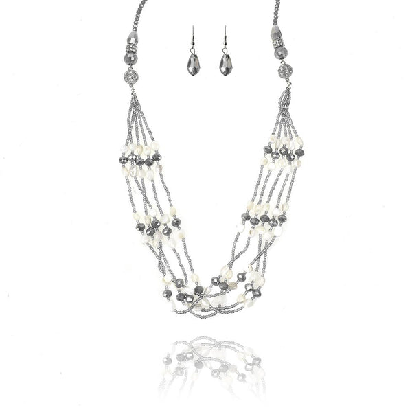 Long Beaded Gem and Stone Necklace Set, Grey, 34-Inch