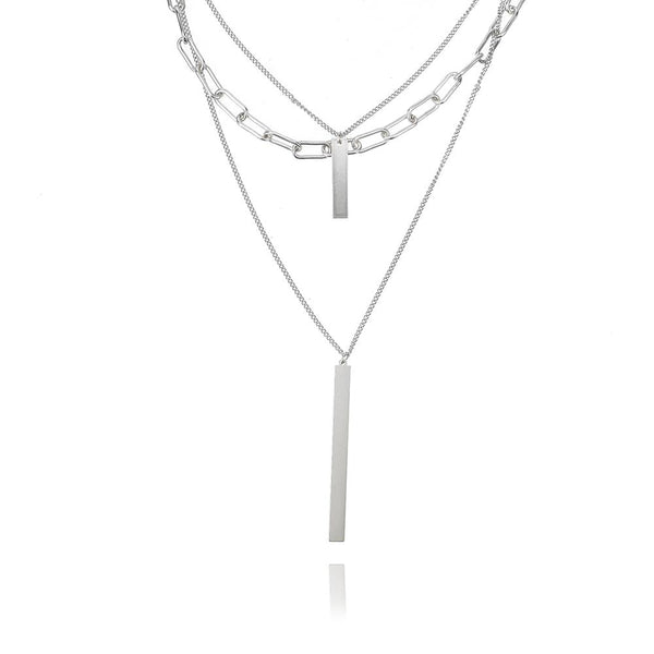 Rectangular Bar Pendant and Chain Layered Necklace, Silver, 22-Inch