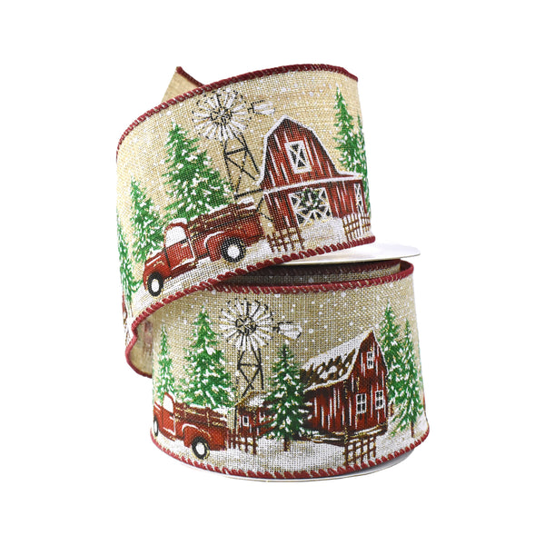 Christmas Winter Wonderland Barn and Truck Wired Ribbon, 2-1/2-Inch, 10-Yard