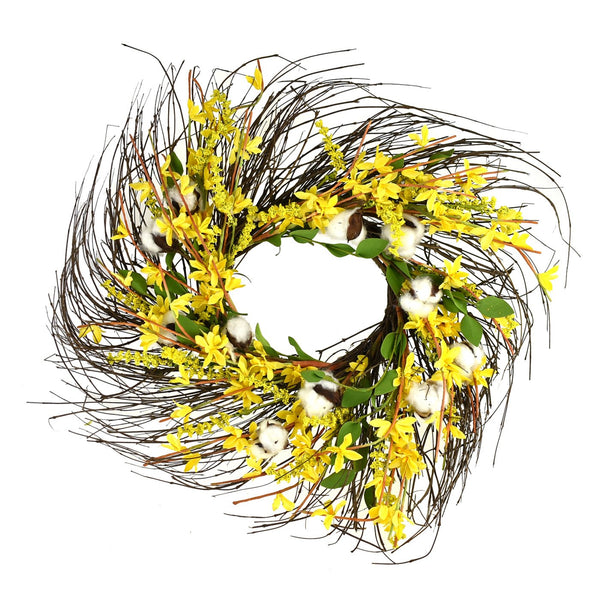 Wrapped Twig Silk Forsythia Cotton Wreath, Yellow, 22-Inch