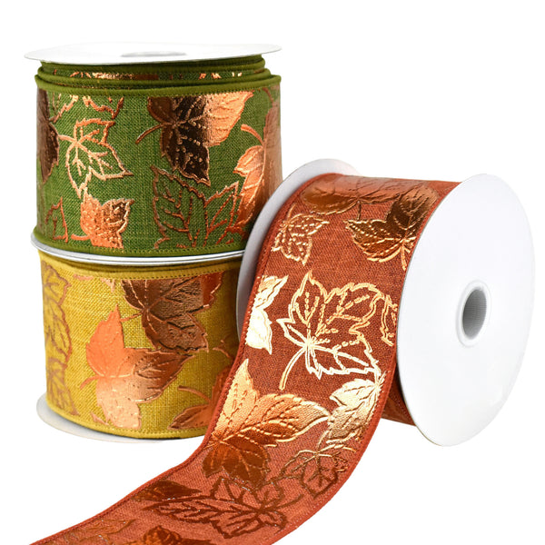 Embossed Autumn Leaves Faux Linen Wired Ribbon, 2-1/2-Inch, 10-Yard