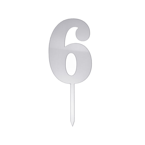 Metallic Acrylic Number 6 Cake Topper, Silver, 7-1/2-Inch