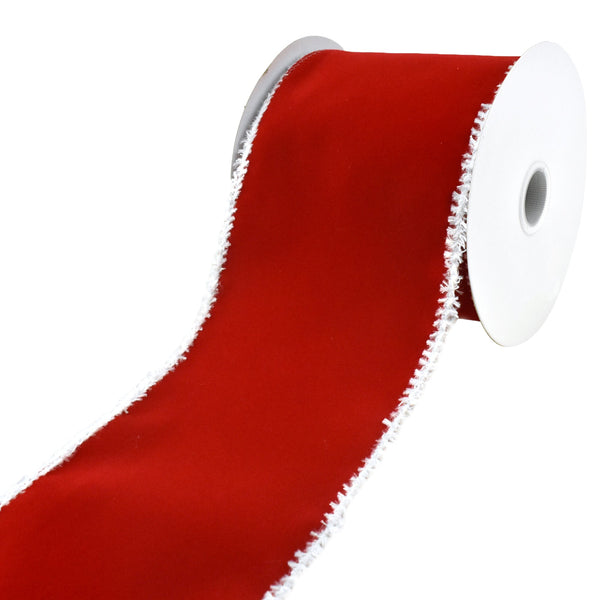 Christmas Bright Red Velvet Snowy Wired Edge Ribbon, 4-Inch, 10-Yard