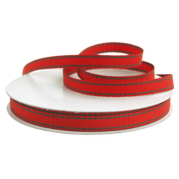 Saddle Stitch Border Grosgrain Ribbon, 3/8-Inch, 25 Yards, Red/Hunter