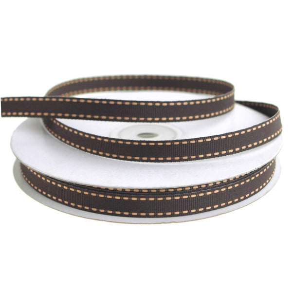 Saddle Stitch Border Grosgrain Ribbon, 3/8-Inch, 25 Yards, Chocolate/Khaki