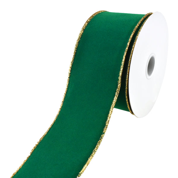 Christmas Velvet Domestic Outdoor Gold Edge Wired Ribbon, 2-1/2-Inch, 10-Yard - Holiday Green