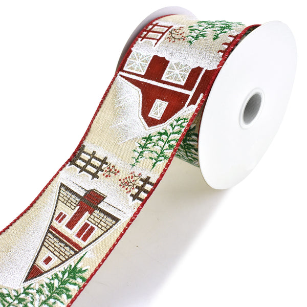 Christmas Snowy Barn Scene Wired Ribbon, 2-1/2-Inch, 10-Yard