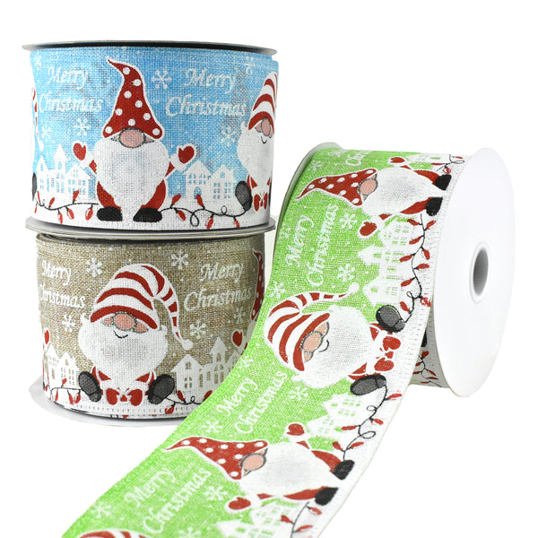 Merry Christmas Gnomes Wired Ribbon, 2-1/2-Inch, 10-Yard