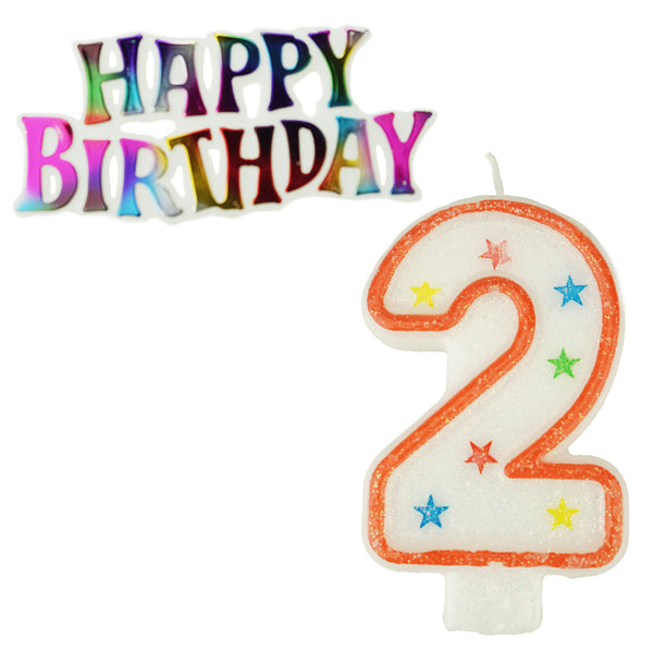 Glitter Number 2 Candle and Happy Birthday Sign, 3-3/8-Inch, 2-Piece