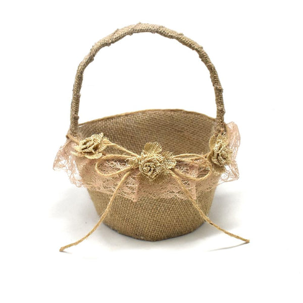 Burlap 3-Rose Flower Girl Basket, Natural, 8-Inch