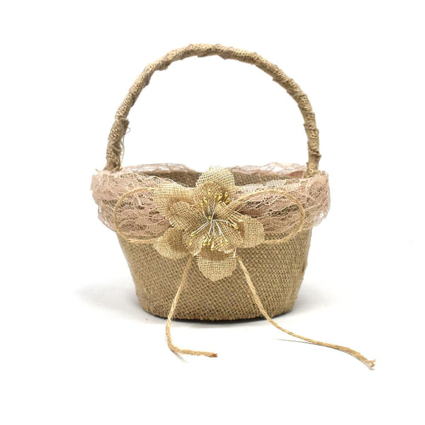 Burlap Single Rose Flower Girl Basket, Natural, 7-1/2-Inch