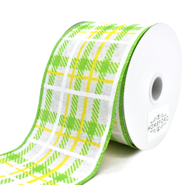 Iridescent Plaid Linen Wired Ribbon, Lime/Yellow. 2-1/2-Inch, 10-Yard