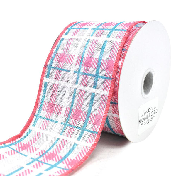 Iridescent Plaid Linen Wired Ribbon, Coral/Aqua. 2-1/2-Inch, 10-Yard