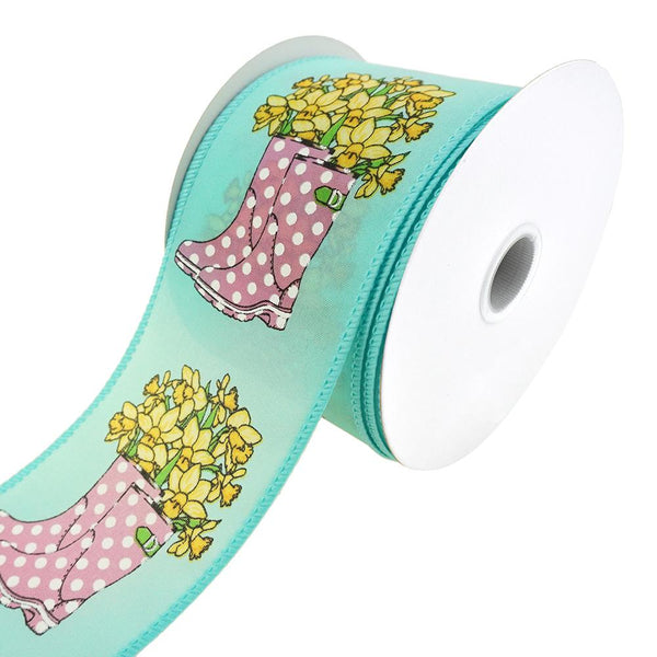 Rain Boots With Daffodils Satin Wired Ribbon, 2-1/2-Inch, 10-Yard, Aqua/Pink