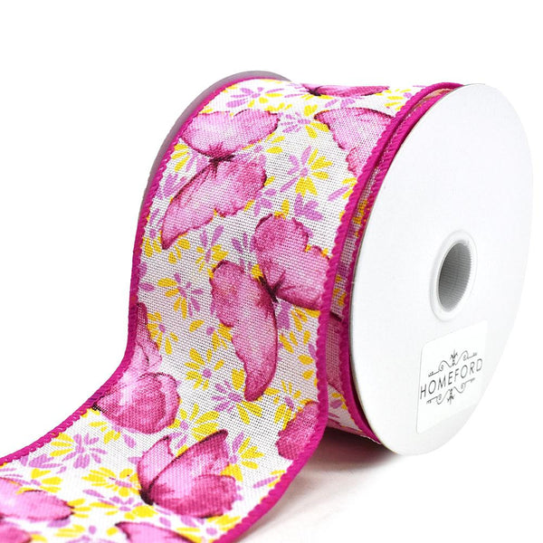 Butterflies and Flowers Linen Wired Edge Ribbon, Pink, 2-1/2-Inch, 10-Yard