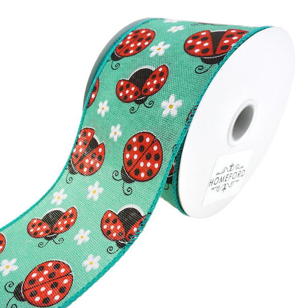 Ladybugs and Daisies Linen Wired Ribbon, Teal, 2-1/2-Inch, 10-Yard