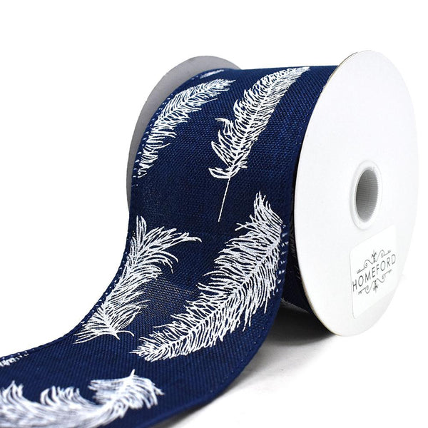 Feathers Linen Wired Ribbon, Navy, 2-1/2-Inch, 10-Yard