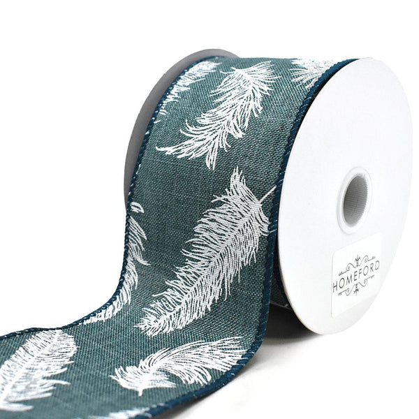 Feathers Linen Wired Ribbon, Dark Teal, 2-1/2-Inch, 10-Yard