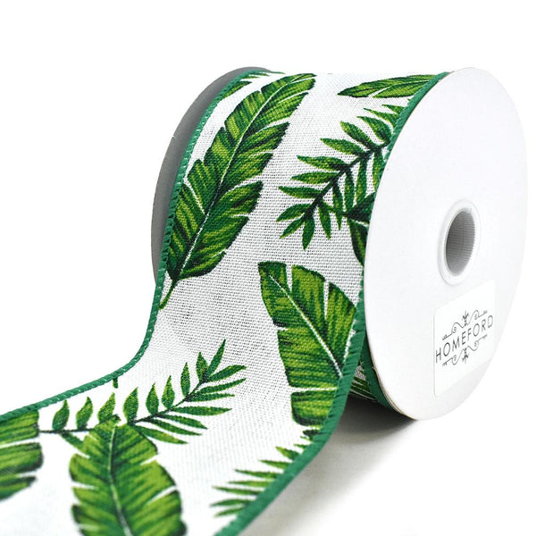 Tropical Leaves Linen Wired Ribbon, White, 2-1/2-Inch, 10-Yard