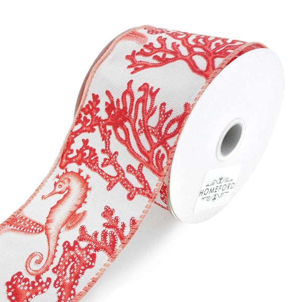 Seahorse, Starfish, and Coral Wired Ribbon, Coral, 2-1/2-Inch, 10-Yard