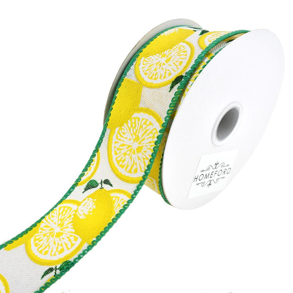 Bright Printed Lemons Wired Linen Ribbon, White, 1-1/2-Inch, 10-Yard