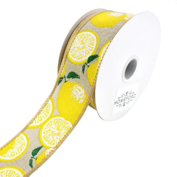 Bright Printed Lemons Wired Linen Ribbon, Natural, 1-1/2-Inch, 10-Yard