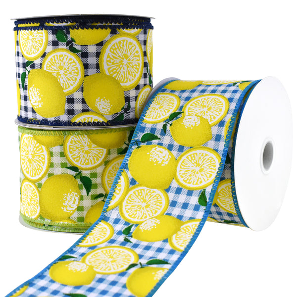 Gingham Printed Lemons Wired Ribbon, 2-1/2-Inch, 10-Yard