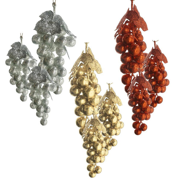 PVC Glittered Grape Cluster Ornaments, Gold/Red,  Assorted Sizes, 9-Piece