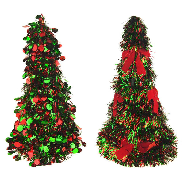 Tinsel Tree Cone Christmas Tabletop, Green/Red, 10-Inch, 2-Piece