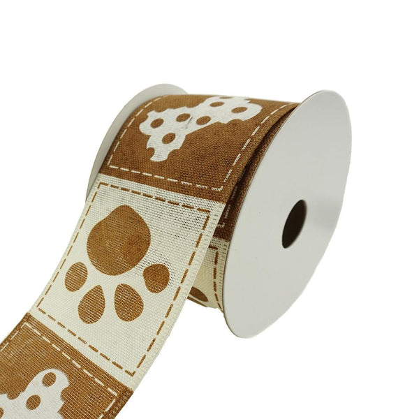 Doggie Paw Prints And Bones Wired Ribbon, 2-1/2-Inch, 10-Yard, Brown/Ivory