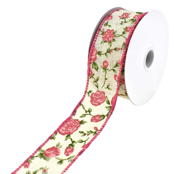 Blooming Rose Wired Canvas Ribbon, 1-1/2-Inch, 10-Yard - White