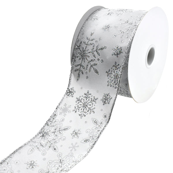 Christmas Glittered Satin Snowflakes Wired Ribbon, 2-1/2-Inch, 10-Yard