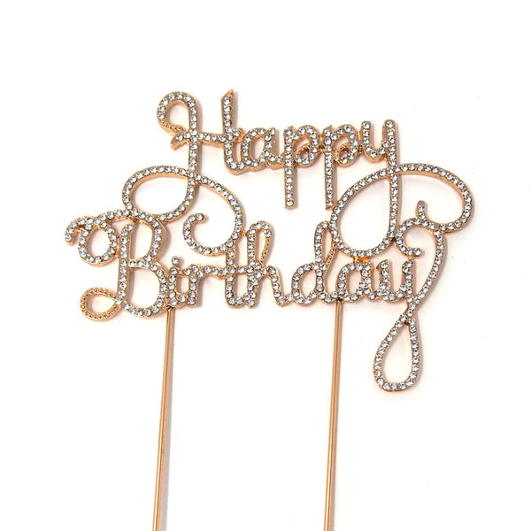 Metal Rhinestone Celebration Cake Toppers, Gold, Happy Birthday