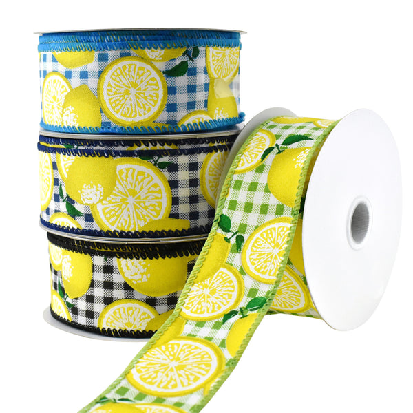 Gingham Printed Lemons Wired Ribbon, 1-1/2-Inch, 10-Yard